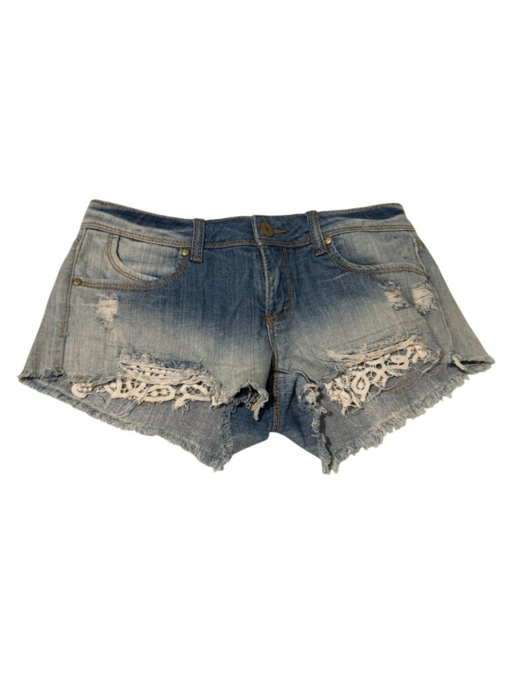 Almost Famous Premium Distressed Denim Shorts W/Lace Trim Size 7 Blue
